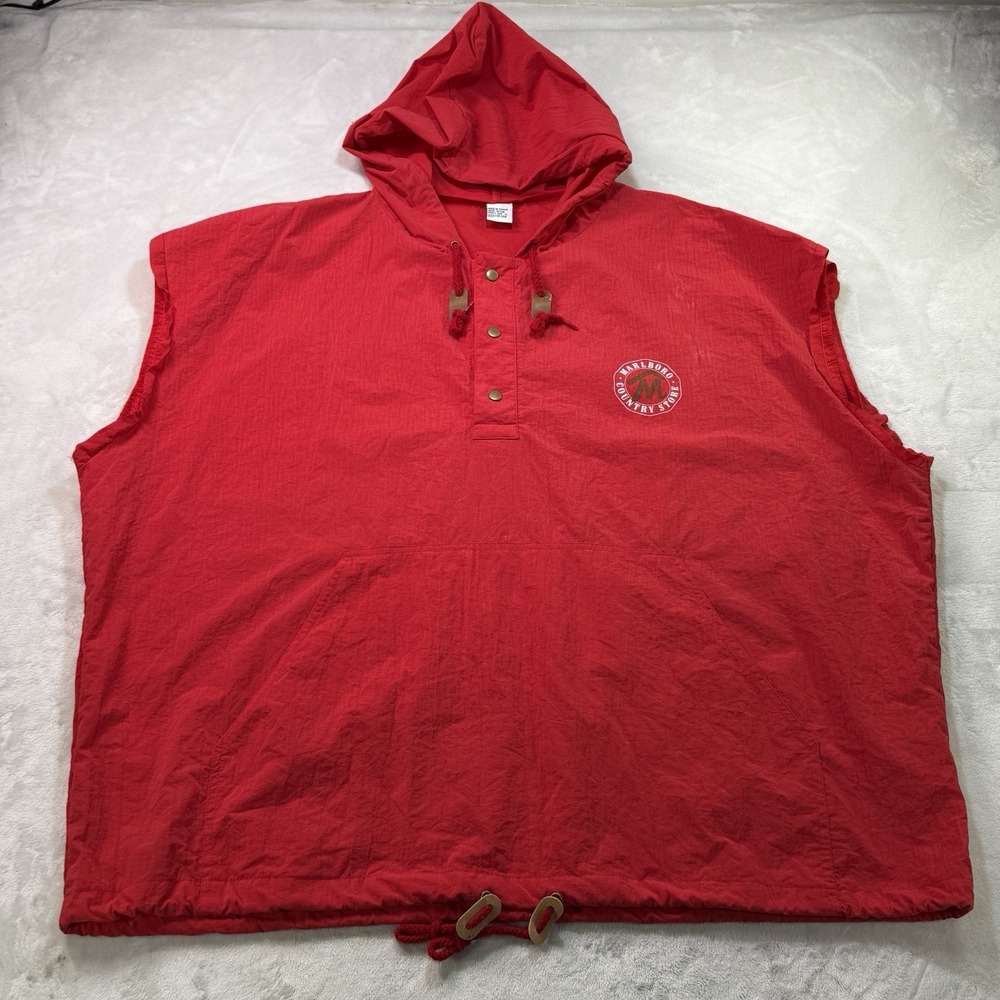 Vintage Marlboro Country Store Red Nylon Hooded Pullover XL Sleeves Cut Off